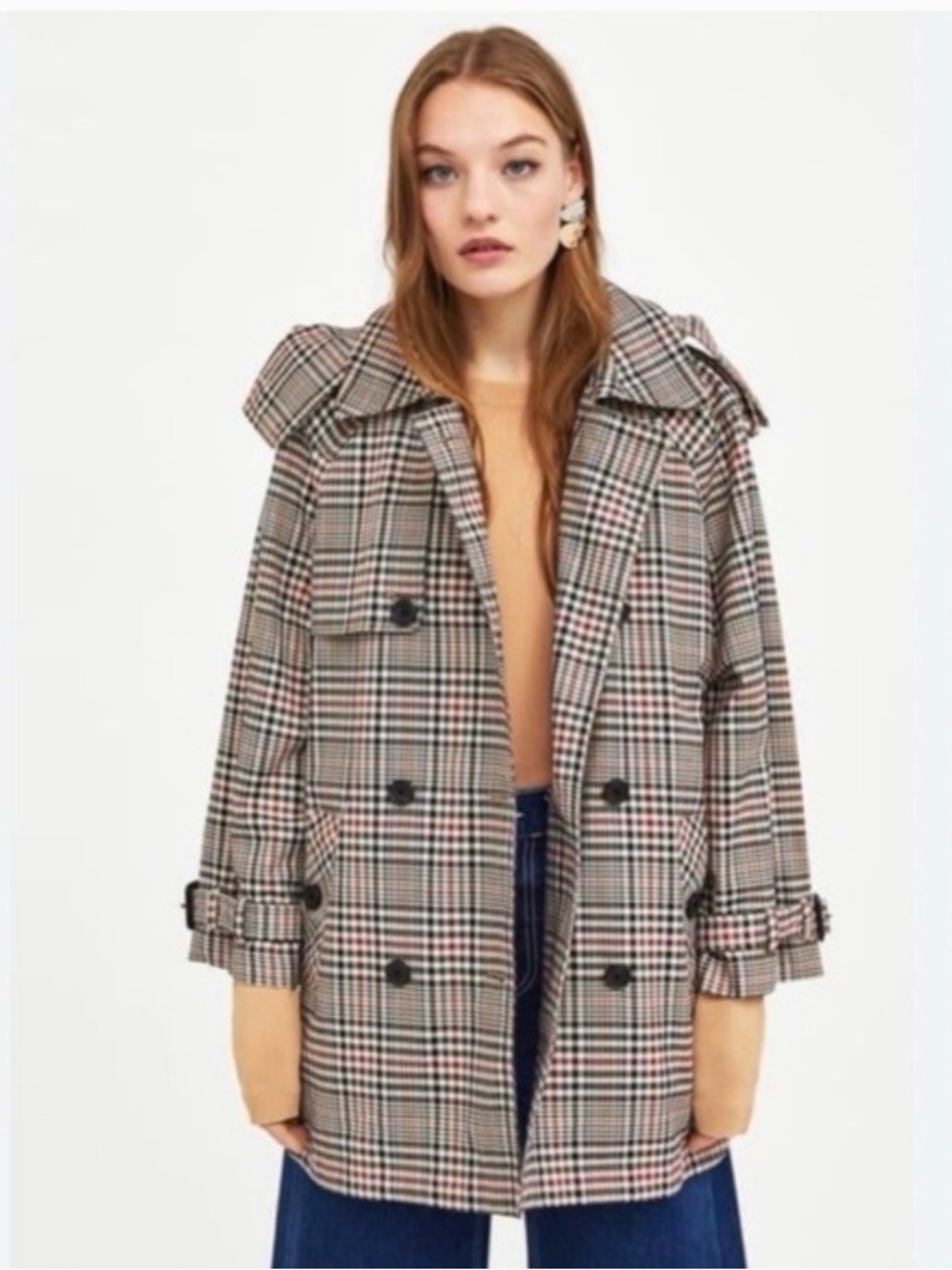 Zara Plaid Double-Breasted Trench Coat - Neutral Plaid